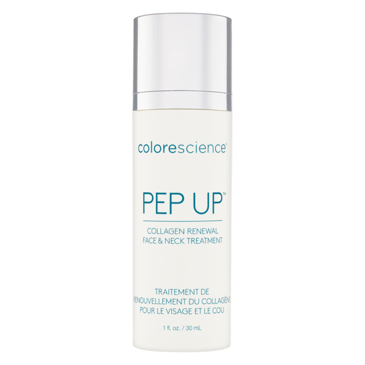 Une bouteille blanche de Colorescience Pep Up Collagen Renewal Face & Neck Treatment avec un texte bleu et un bouchon argenté, contenant 1 fl. oz (30 mL) de produit.